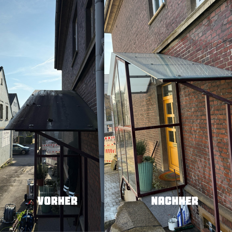 Vergleich der Hausüberdachungen "Vorher" und "Nachher", links schmal und rechts modern.