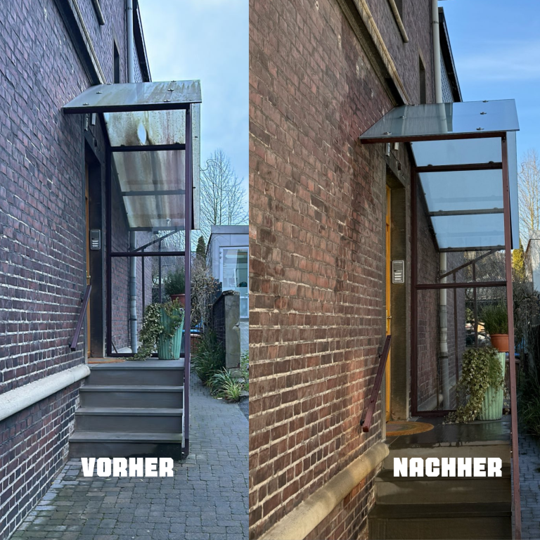 Vergleich von einem Eingangsbereich vor und nach der Renovierung, mit Überdachung und Treppe.